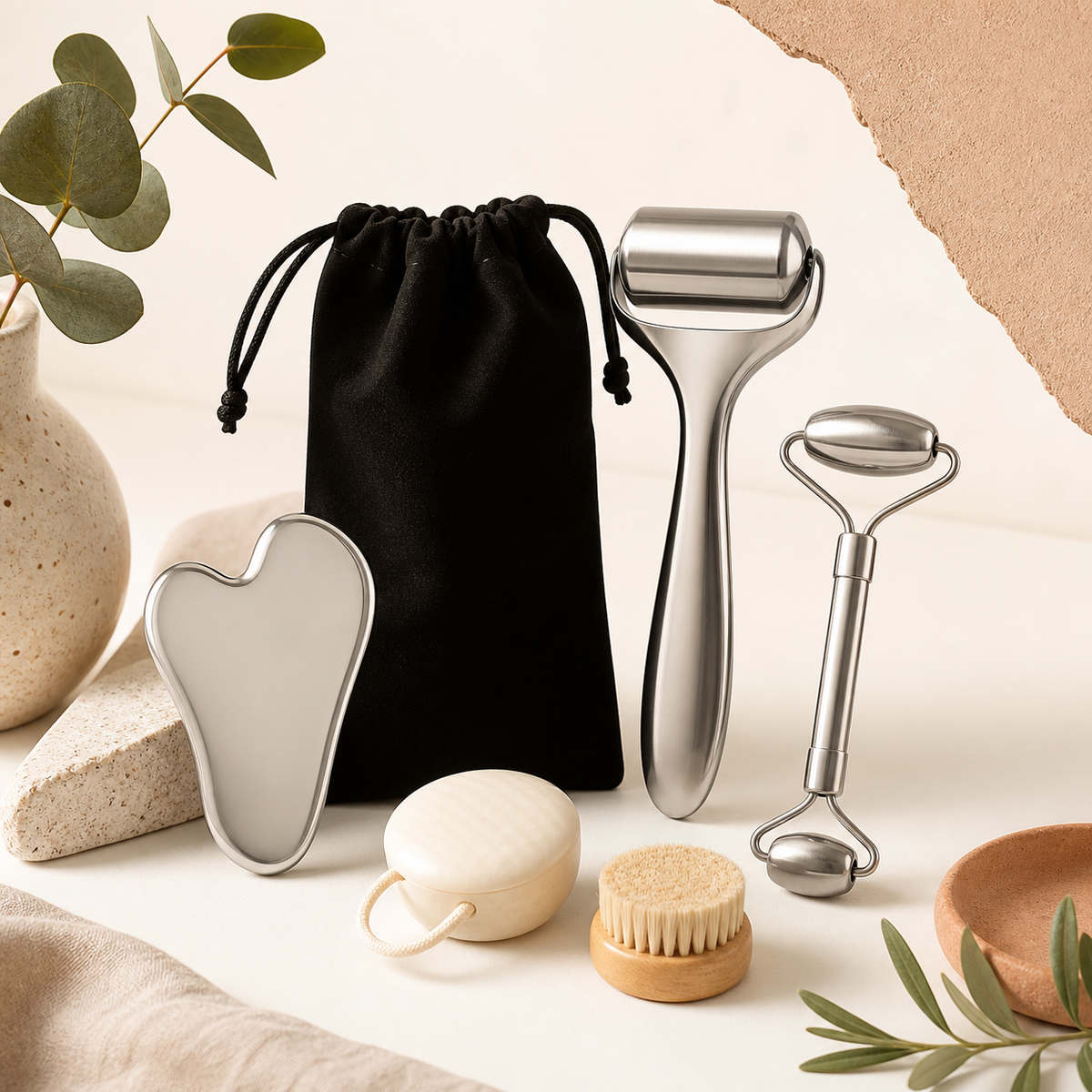 GlowWell 6-piece facial sculpting set with stainless steel gua sha, ice roller, facial roller and pouch on warm ivory studio background