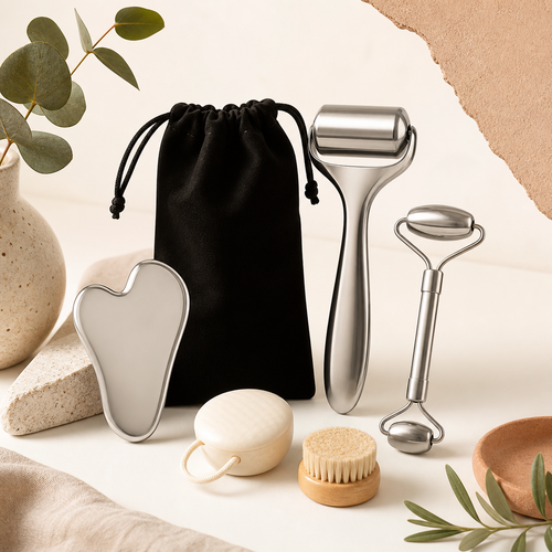 GlowWell 6-piece facial sculpting set with stainless steel gua sha, ice roller, facial roller and pouch on warm ivory studio background