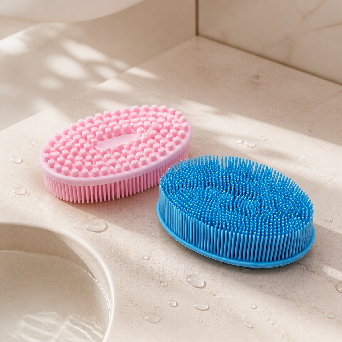 GlowWell silicone exfoliating body scrubbers in pink and blue