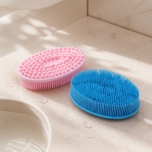 GlowWell silicone exfoliating body scrubbers in pink and blue