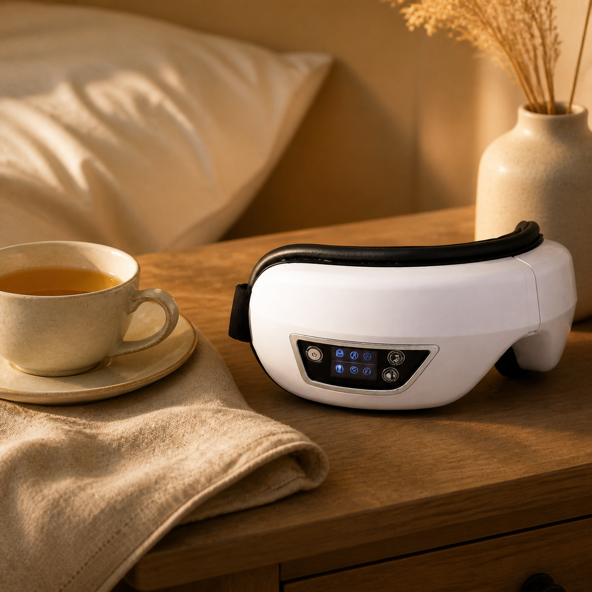 GlowWell Smart Eye Massager on bedside table for evening wind-down