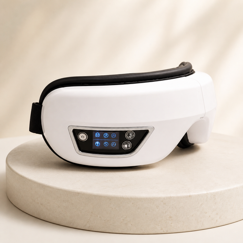 GlowWell Smart Eye Massager premium product hero on warm ivory studio background