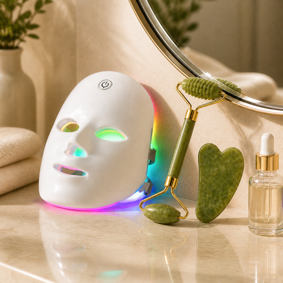 GlowWell Glow Essentials Kit arranged on a bathroom vanity