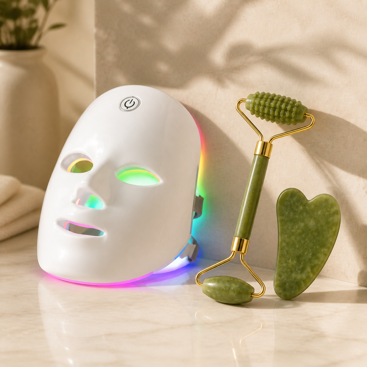 GlowWell Glow Essentials Kit with LED face mask, jade roller and gua sha tool
