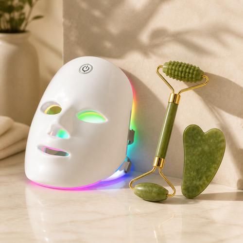 GlowWell Glow Essentials Kit with LED face mask, jade roller and gua sha tool