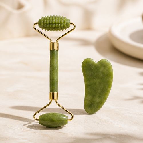 GlowWell green jade roller and gua sha skincare tool set