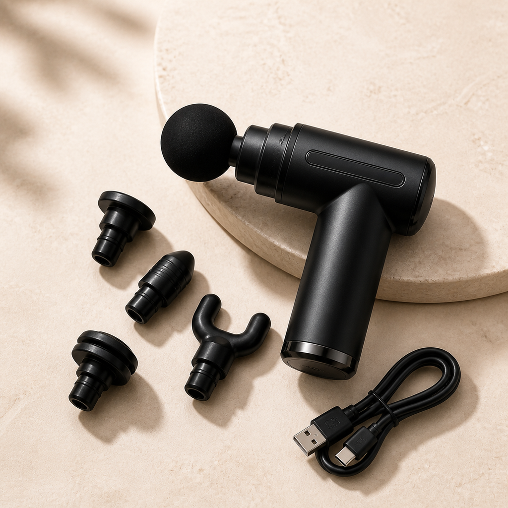 GlowWell Mini Massage Gun with attachment heads and USB-C cable