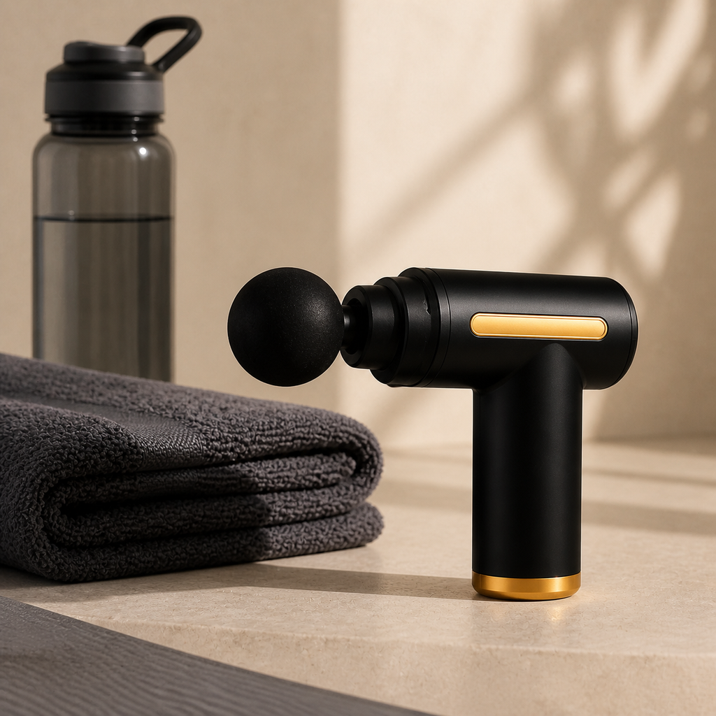 GlowWell Mini Massage Gun beside workout towel and water bottle