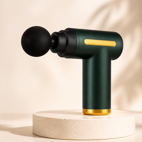 GlowWell Mini Massage Gun premium product hero on warm ivory studio background