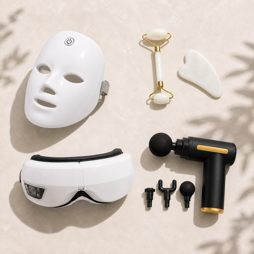 GlowWell Ultimate Self-Care Bundle with LED face mask, eye massager, massage gun and facial tools